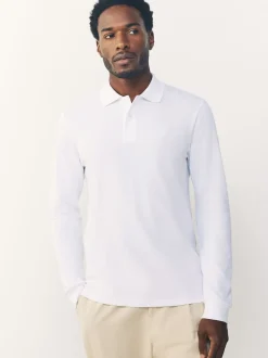 Wit - Slim Fit - Piqué polo met lange mouwen