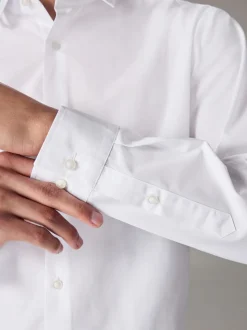 Wit - Slim Fit - Strijkvrij net overhemd met enkele manchet