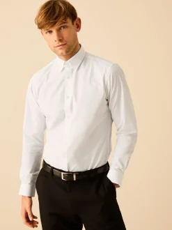 Wit - Slim fit, eenvoudig te strijken, net Oxford-overhemd met kraaglusje en enkele manchetten