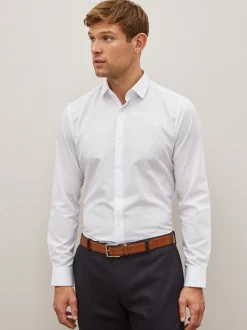 Wit - Strakke Pasvorm - Onderhoudsvriendelijk, getextureerd, slim fit overhemd met enkele manchet