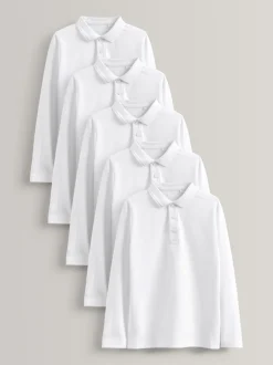 Wit - Verpakking van 5 100% katoenen schoolpoloshirts met lange mouwen (3-16 jr)