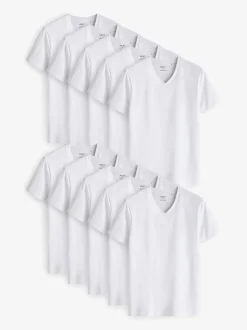 Wit - Verpakking van 10 slim-fit 100% katoenen T-shirts met V-hals en laagjes