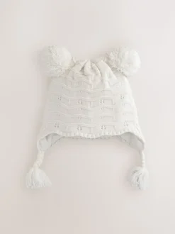 Wit gebreid - Baby Pointelle Pilotenmuts met Dubbele Pompon (0mnd-2jr)