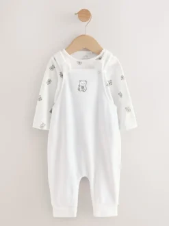 Wit met berenprint - Velours babyset met bretelbroek en rompertje (0-12mnd)