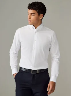 Wit met knopen aan de kraag - Slim Fit - Strijkvrij net overhemd met enkele manchet