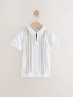 Wit met verticale strepen - 100% katoenen gebreid poloshirt met rits bij de hals (3mnd-7jr)