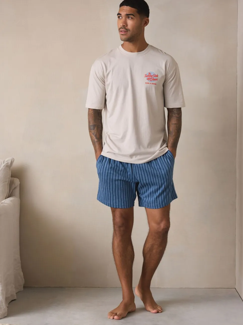 Wit/blauw - Graphic Short Sleeve Jersey Pyjamas Set