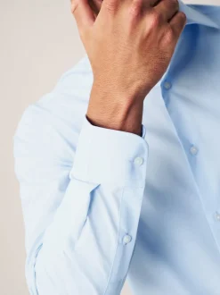 Wit/blauw - Normale Pasvorm - Onderhoudsvriendelijke nette overhemden met lange mouwen met enkele manchetten, verpakking van 2