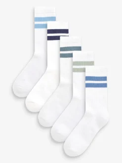 Wit/blauw - Set van 5 paar geribbelde sokken met verzacht voetbed, katoengehalte en gekleurde boorden