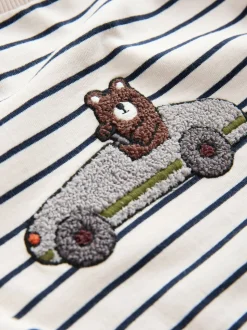 Wit/blauw gestreepte berenauto - T-shirt met applicatie en lange mouwen (3 mnd-7 jr)