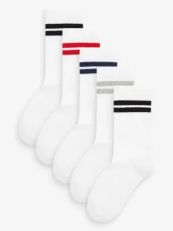 Wit/blauw/rood - Set van 5 paar geribbelde sokken met verzacht voetbed, katoengehalte en gekleurde boorden