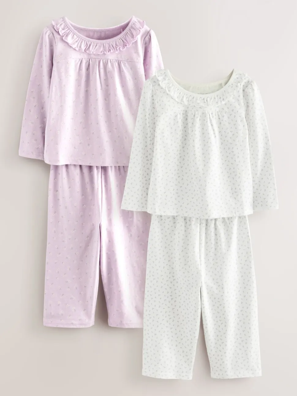 Wit/paars met fijne bloemenprint - Verpakking van 2 pyjama's met wijde pijpen (9mnd-8jr)
