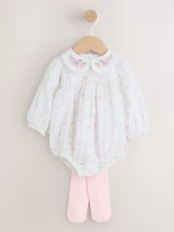 Wit/roze met fijne print - Babyrompers met bloemenprint Set 2 -delig met maillot (0mnd -3jr)