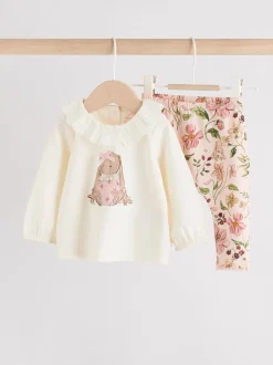 Wit/roze/konijn/bloemenprint - Set met lange mouwen en legging voor baby's (0mnd-2jr)