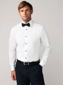 Witte structuur/zwarte vlinderdas - Slim Fit - Set van overhemd met enkele manchet en een vlinderstrik