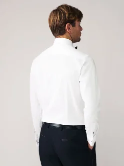 Witte structuur/zwarte vlinderdas - Slim Fit - Set van overhemd met enkele manchet en een vlinderstrik