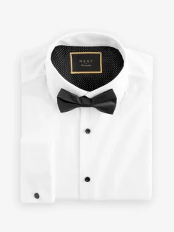 Witte structuur/zwarte vlinderdas - Slim Fit - Set van overhemd met enkele manchet en een vlinderstrik
