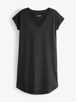 Zwart - 100% katoenen mini-jurk met V-hals en kapmouwtjes