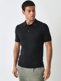 Zwart - Aansluitend - Gebreid poloshirt met hoog katoengehalte en korte mouwen