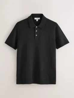 Zwart - Aansluitend - Gebreid poloshirt met hoog katoengehalte en korte mouwen