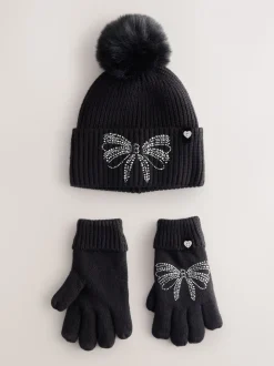 Zwart - Baker by Ted Baker - Set van gebreide muts met strik, pompon en handschoenen met siersteentjes voor meisjes
