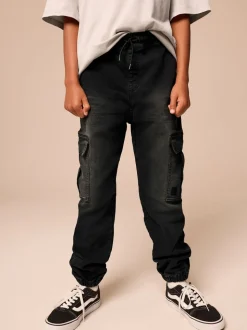 Zwart - Cargo jeans met elastische taille (3-16 jr)