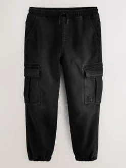 Zwart - Cargo jeans met elastische taille (3-16 jr)
