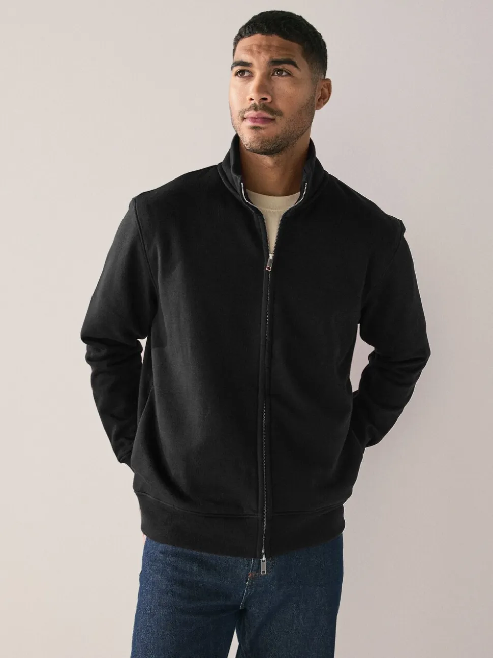 Zwart - Cotton Rich Jersey Full Zip Funnel Neck Sweatshirt