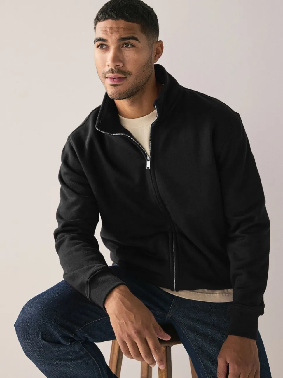 Zwart - Cotton Rich Jersey Full Zip Funnel Neck Sweatshirt