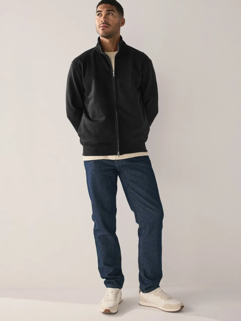 Zwart - Cotton Rich Jersey Full Zip Funnel Neck Sweatshirt