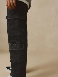Zwart - Denim cargojeans met meerdere zakken en 100% katoen (3 - 16 jr)