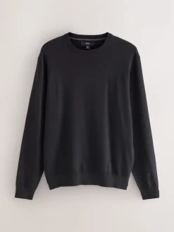 Zwart - Effen - Regular Fit Cotton Rich Crew Neck Jumper