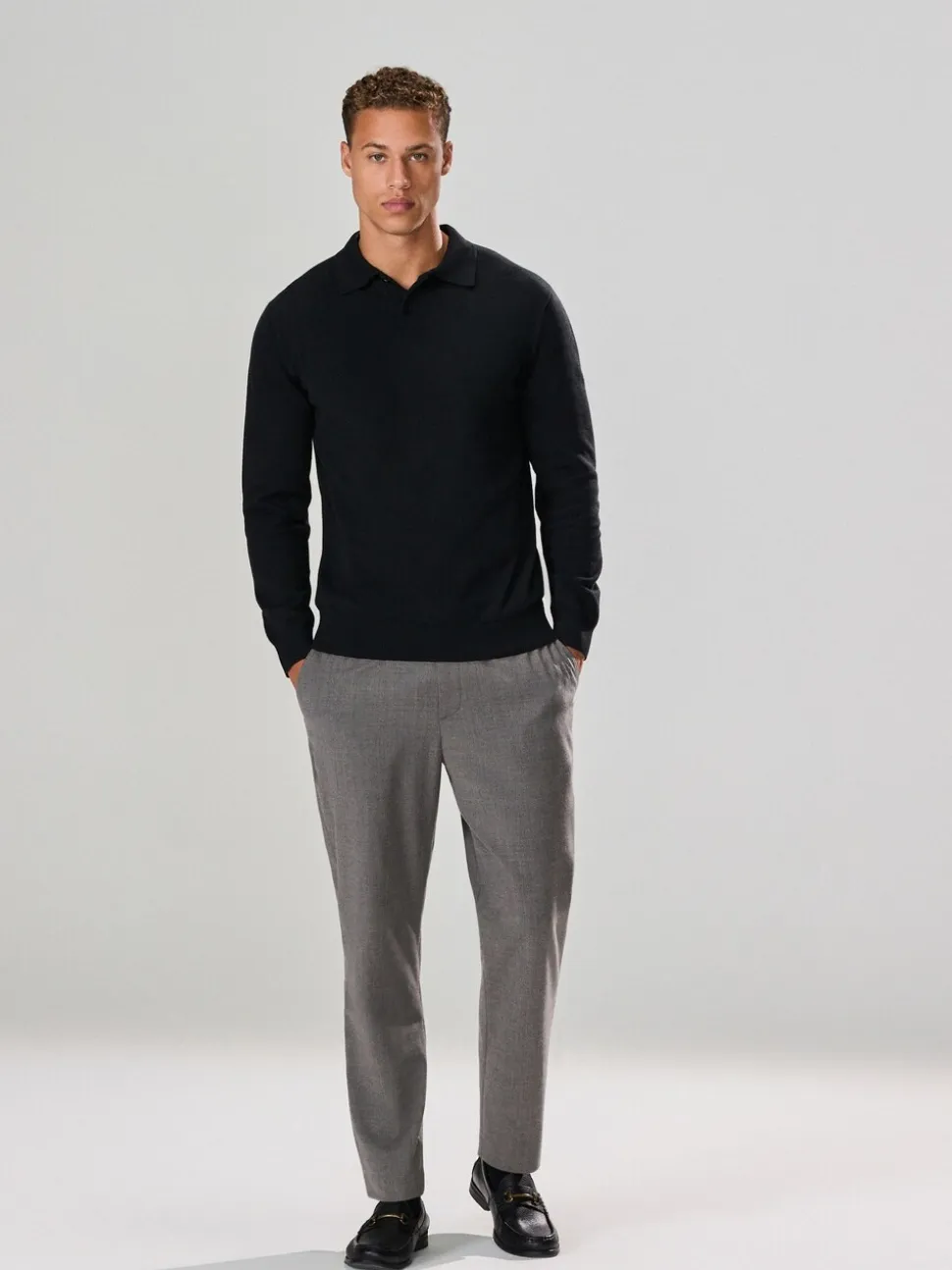 Zwart - Effen - Regular Fit Essential Long Sleeve Knitted Polo Shirt