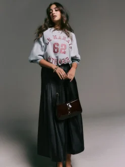 Zwart - Faux Leather Midi Kilt Skirt