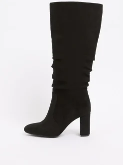 Zwart - Friends Like These Ruched Block Heel Knee High Long Faux Suede Boots