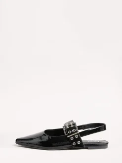 Zwart - Friends Like These Buckle Slingback Pointed Toe Faux Patent Leather Ballerina Shoes