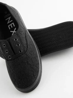 Zwart - Geborduurde veterloze canvas instapsneakers
