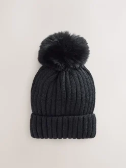 Zwart - Geribbelde beanie-muts met pompon (3mnd -16jr)