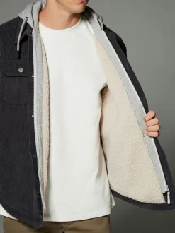 Zwart - Hooded Corduroy Borg Lined Shacket