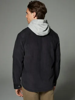 Zwart - Hooded Corduroy Borg Lined Shacket