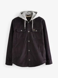 Zwart - Hooded Corduroy Borg Lined Shacket