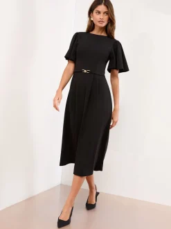 Zwart - Lipsy Crew Neck Short Sleeve Fit and Flare Midi Dress with Gold Trim Belt