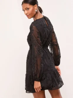 Zwart - Lipsy 3D Lace Long Sleeve Mini Dress