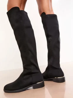 Zwart - Lipsy Faux Suede Elasticated Flat Knee High Casual Boots