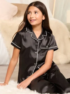 Zwart - Lipsy satijnen hemd en pyjamaset met lange pijpen (5-16jaar)