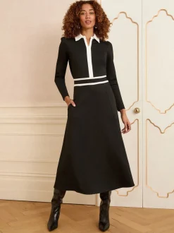 Zwart - Love & Roses Ponte midi-jurk met contrastrand en rits aan de voorkant en lange mouwen