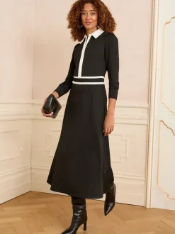 Zwart - Love & Roses Ponte midi-jurk met contrastrand en rits aan de voorkant en lange mouwen
