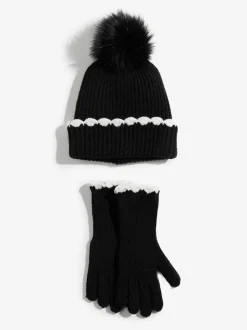 Zwart - Love & Roses Scallop Trim Ribbed Pom Hat and Gloves Set