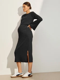 Zwart - Maternity Long Sleeve Nursing Shelf Dress