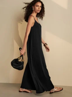 Zwart - Maxi Lengte Trapeze Vorm met Ruched Hals Dunne Vest Jurk